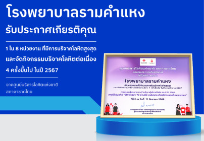 รพ.รามคำแหง ได้รับประกาศเกียรติคุณ หน่วยงานที่มีการบริจาคโลหิตสูงสุด และจัดกิจกรรมบริจาคโลหิตต่อเนื่อง 4 ครั้งขึ้นไป ในปี 2567 จากศูนย์บริการโลหิตแห่งชาติ สภากาชาดไทย